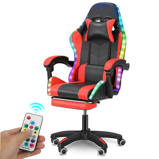 Gaming Chair with RGB LED Light, Oyajia PU Leather Office Chair with Footrest & Adjustable Headrest, Black & Red