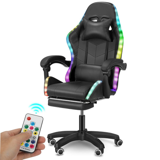 Gaming Chair with RGB LED Light, Oyajia PU Leather Office Chair with Footrest & Adjustable Headrest, Black