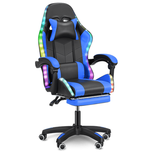 Gaming Chair with RGB LED Light, Oyajia PU Leather Office Chair with Footrest & Adjustable Headrest, High Back Gaming Chair, Black & Blue