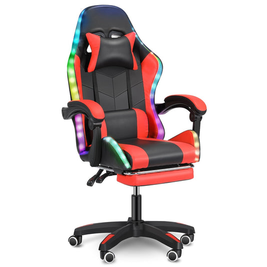 Gaming Chair with RGB LED Light, Oyajia PU Leather Office Chair with Footrest & Adjustable Headrest, High Back Gaming Chair, Black & Red