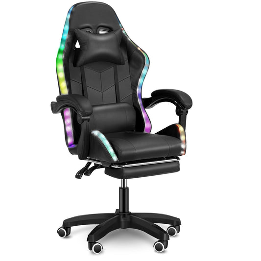 Gaming Chair with RGB LED Light, Oyajia PU Leather Office Chair with Footrest & Adjustable Headrest, High Back Gaming Chair, Black