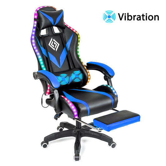 Geepro Ergonomic Gaming Chair with RGB LED Lights and Adjustable Footrest, Computer Game Chair Executive PU Leather Chair with Adjustable Headrest and Massage Vibration Lumbar Support, Linkage Armrest