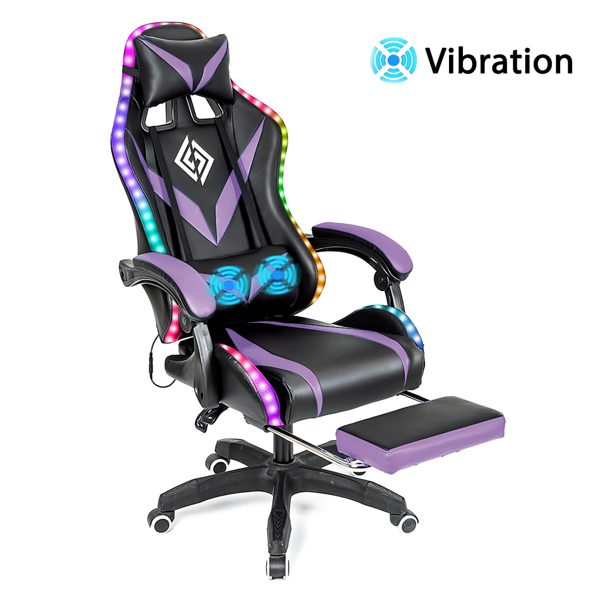 Geepro Ergonomic Gaming Chair with RGB LED Lights and Adjustable Footrest, Computer Game Chair Executive PU Leather Chair with Adjustable Headrest and Massage Vibration Lumbar Support, Linkage Armrest