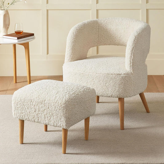 Gericco Accent Chair with Ottoman, Soft Teddy Fleece Armchair, Comfortable Reading Lounge Chair with Wooden Legs, for Living Room, Bedroom, Reading Room (Beige)