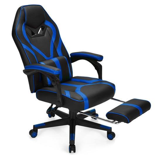 Giantex Gaming Chair, Ergonomic Recliner Chair w/Massage Lumbar Pillow, Adjustable Backrest, Footrest & Wheels, Racing Style Video Chair for Home Office, Blue