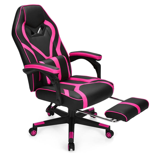 Giantex Gaming Chair, Ergonomic Recliner Chair w/Massage Lumbar Pillow, Adjustable Backrest, Footrest & Wheels, Racing Style Video Chair for Home Office, Pink