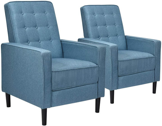 Giantex Push Back Recliner Chair, Fabric Accent Arm Chair with Ottoman Modern Recliner Sofa for Living Room Bedroom Home Office Club Chair (2 Pcs, Blue)