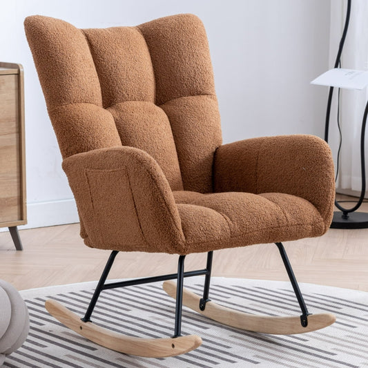 Glider Rocking Chair with Pocket, Soft Teddy Fabric Accent Rocker Chair with Soft Seat Cushion and Metal Base, Upholstered Wingback Living Room Chairs for Reading Room, Bedroom, Office, Brown