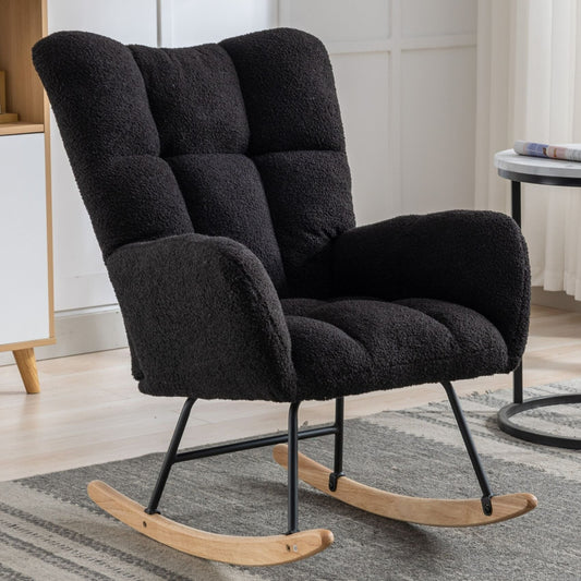 Glider Rocking Chair, Soft Teddy Fabric Accent Rocker Chair with Soft Seat Cushion and Metal Base, Upholstered Wingback Living Room Chairs for Reading Room, Bedroom, Office, Black
