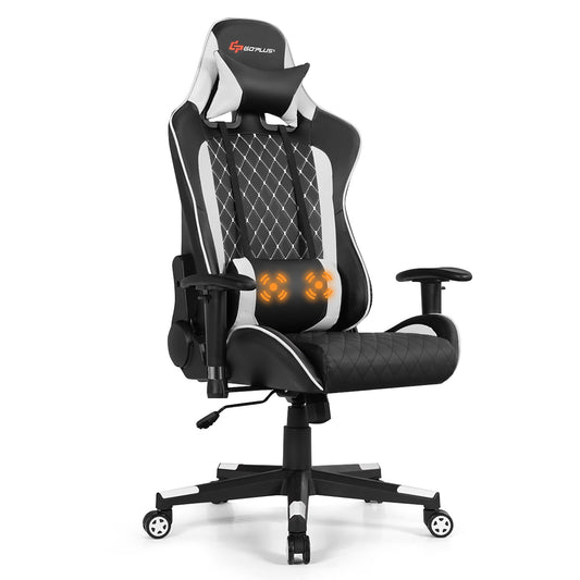 Goplus Gaming Chair Massage Reclining Racing Chair w/Lumbar Support and Headrest White
