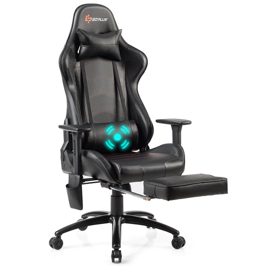 Goplus Massage Gaming Chair Adjustable Reclining Racing Chair w/Headrest&Footrest Black