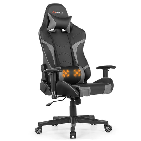 Goplus Massage Gaming Chair Reclining Swivel Racing Office Chair w/Lumbar Support Grey