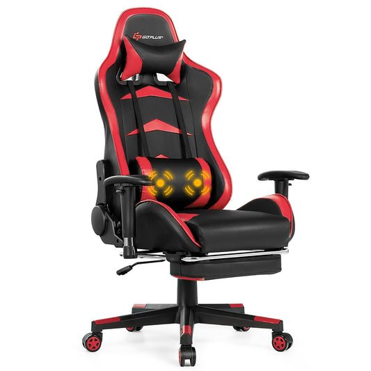 Goplus Massage Gaming Chair Reclining Swivel Racing Office Chair with Footrest Red