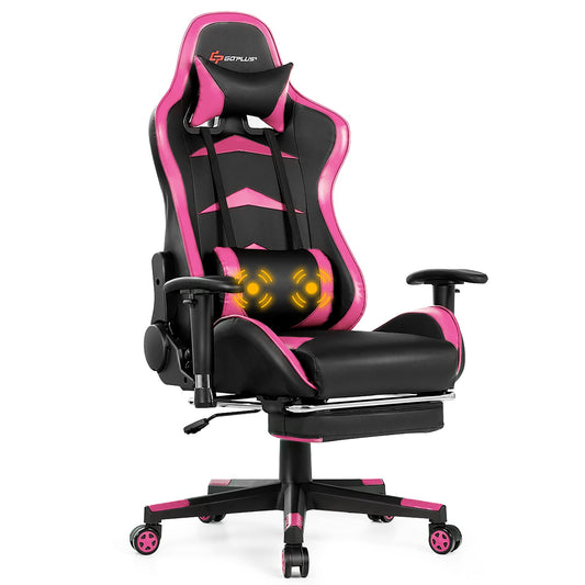 Goplus Office Massage Gaming Chair Reclining Swivel Racing with Footrest Pink