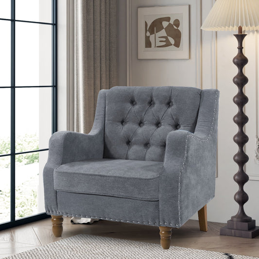 Gray Accent Chair, Living Room Chair, Arm Chair Linen Fabric Single Sofa Chair with Vintage Brass Studs, Button Tufted Upholstered Accent Chair for Bedroom Living Room Small Spaces Apartment