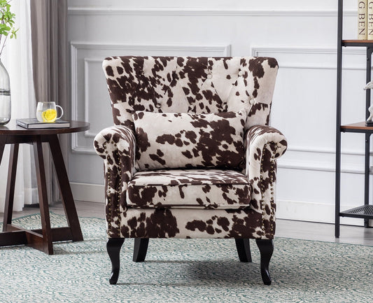 Guyou Mid Century Accent Chair Modern Button Tufted Armchair Wingback Club Chair Velvet Single Sofa Lounge Chair with Pillow for Living Room Bedroom, Cow