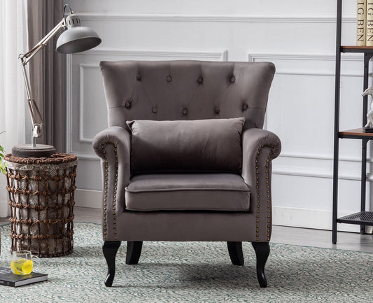 Guyou Mid Century Accent Chair Modern Button Tufted Armchair Wingback Club Chair Velvet Single Sofa Lounge Chair with Pillow for Living Room Bedroom, Grey