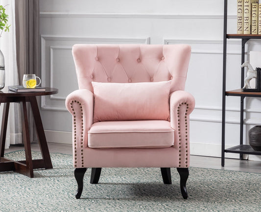 Guyou Mid Century Accent Chair Modern Button Tufted Armchair Wingback Club Chair Velvet Single Sofa Lounge Chair with Pillow for Living Room Bedroom, Pink