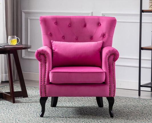 Guyou Mid Century Accent Chair Modern Button Tufted Armchair Wingback Club Chair Velvet Single Sofa Lounge Chair with Pillow for Living Room Bedroom, Rose