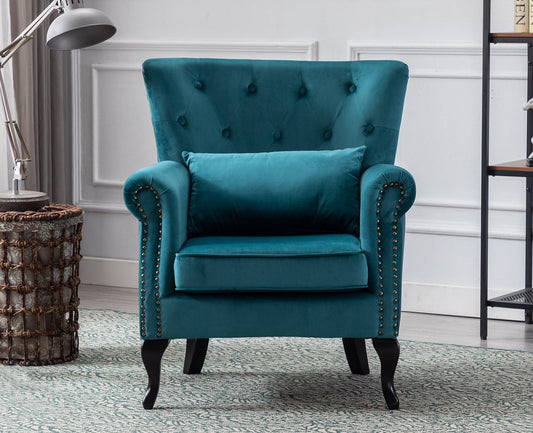 Guyou Mid Century Accent Chair Modern Button Tufted Armchair Wingback Club Chair Velvet Single Sofa Lounge Chair with Pillow for Living Room Bedroom, Teal Blue