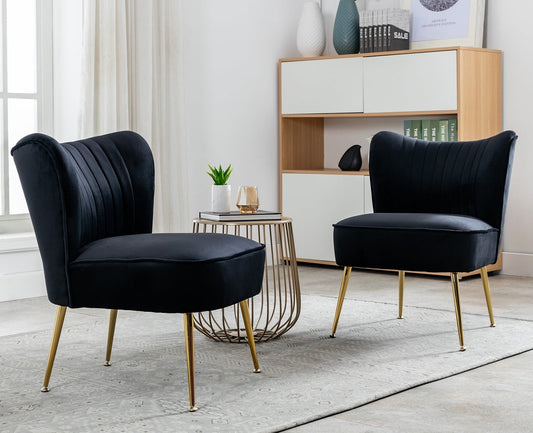 Guyou Modern Accent Chair Set of 2, Armless Slipper Chair Velvet Upholstered Lounge Chair, Wingback Large Single Sofa Side Chair with Gold Legs for Living Room Bedroom, Black