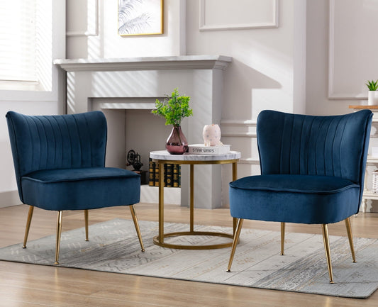 Guyou Modern Accent Chair Set of 2, Armless Slipper Chair Velvet Upholstered Lounge Chair, Wingback Large Single Sofa Side Chair with Gold Legs for Living Room Bedroom, Blue