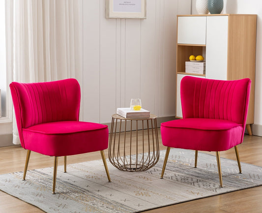 Guyou Modern Accent Chair Set of 2, Armless Slipper Chair Velvet Upholstered Lounge Chair, Wingback Large Single Sofa Side Chair with Gold Legs for Living Room Bedroom, Red
