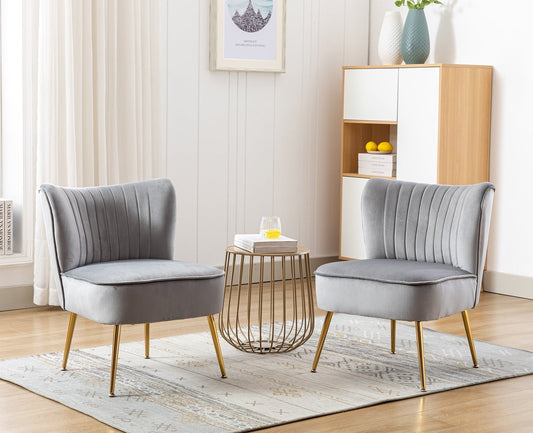 Guyou Modern Accent Chair Set of 2, Armless Slipper Chair Velvet Upholstered Lounge Chair, Wingback Single Sofa Side Chair with Gold Legs for Living Room Bedroom, Gray