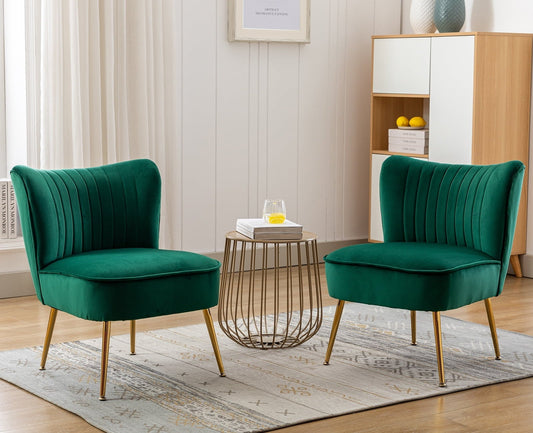 Guyou Modern Accent Chair Set of 2, Armless Slipper Chair Velvet Upholstered Lounge Chair, Wingback Single Sofa Side Chair with Gold Legs for Living Room Bedroom, Green