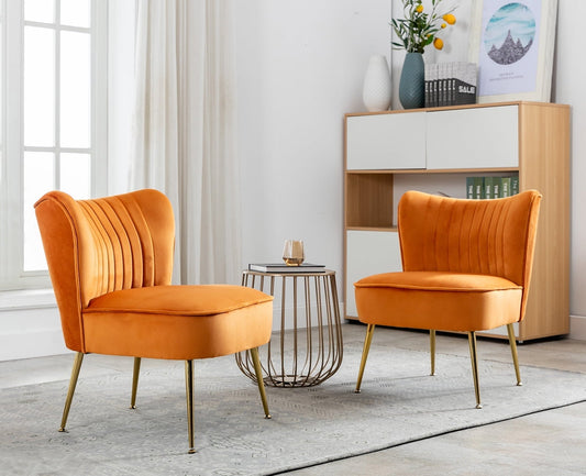 Guyou Modern Accent Chair Set of 2, Armless Slipper Chair Velvet Upholstered Lounge Chair, Wingback Single Sofa Side Chair with Gold Legs for Living Room Bedroom, Orange