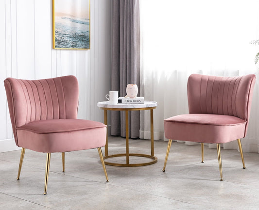 Guyou Modern Accent Chair Set of 2, Armless Slipper Chair Velvet Upholstered Lounge Chair, Wingback Single Sofa Side Chair with Gold Legs for Living Room Bedroom, Pink