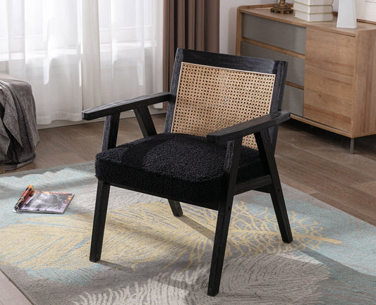 Guyou Modern Rattan Accent Chair, Mid-century French Farmhouse Upholstered Solid Wood Armchair Reading Chair, Retro Dining Chair with Woven Back and Black Base, Black Fabric