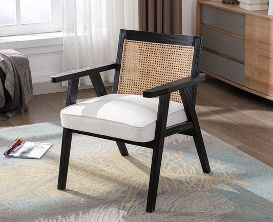 Guyou Modern Rattan Accent Chair, Mid-century French Farmhouse Upholstered Solid Wood Armchair Reading Chair, Retro Dining Chair with Woven Back and Black Base, White Fabric