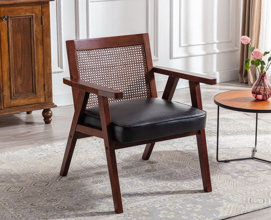 Guyou Modern Rattan Accent Chair, Mid-century French Farmhouse Upholstered Solid Wood Armchair Reading Chair, Retro Dining Chair with Woven Back and Brown Base, Black Fabric