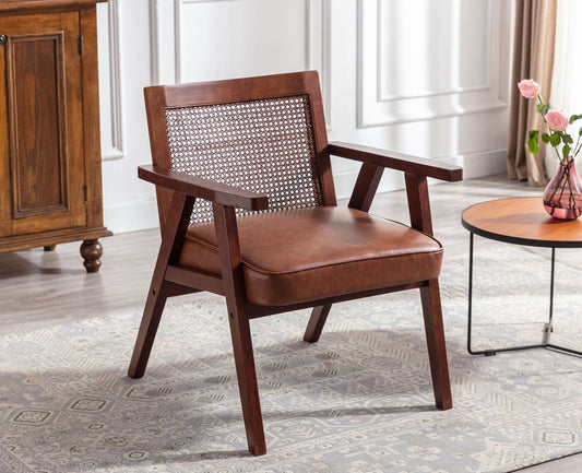 Guyou Modern Rattan Accent Chair, Mid-century French Farmhouse Upholstered Solid Wood Armchair Reading Chair, Retro Dining Chair with Woven Back and Brown Base, Brown Fabric