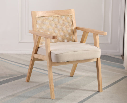 Guyou Modern Rattan Accent Chair, Mid-century French Farmhouse Upholstered Solid Wood Armchair Reading Chair, Retro Dining Chair with Woven Back and Natural Base, Beige Fabric