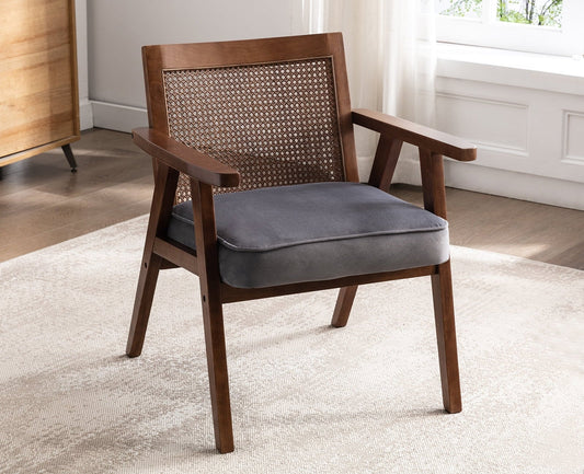 Guyou Modern Rattan Accent Chair, Mid-century French Farmhouse Upholstered Solid Wood Armchair Reading Chair, Retro Dining Chair with Woven Back and Walnut Base, Gray Fabric