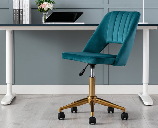 Guyou Tufted Hollow Back Task Chair Home Computer Desk Chair Soft Fabric Padded Swivel Chair Adjustable Height with Gold Base and Wheels, Green