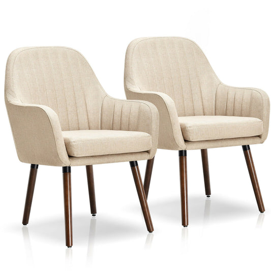 Gymax Set of 2 Accent Chairs Fabric Upholstered Armchairs w/Wooden Legs Beige