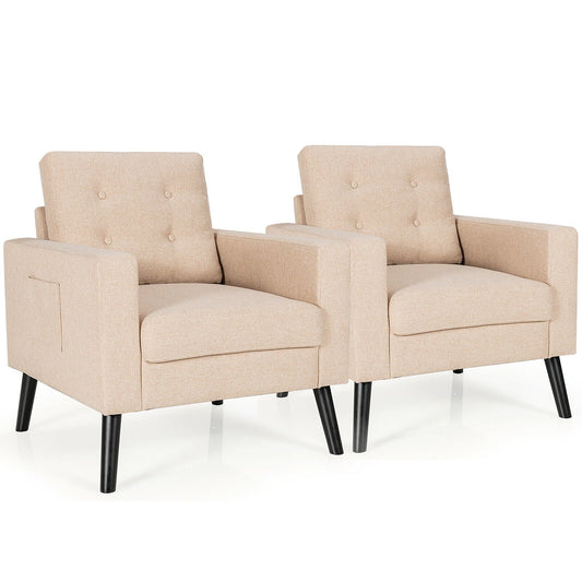 Gymax Set of 2 Upholstered Accent Chair Single Sofa Armchair w/ Wooden Legs Beige