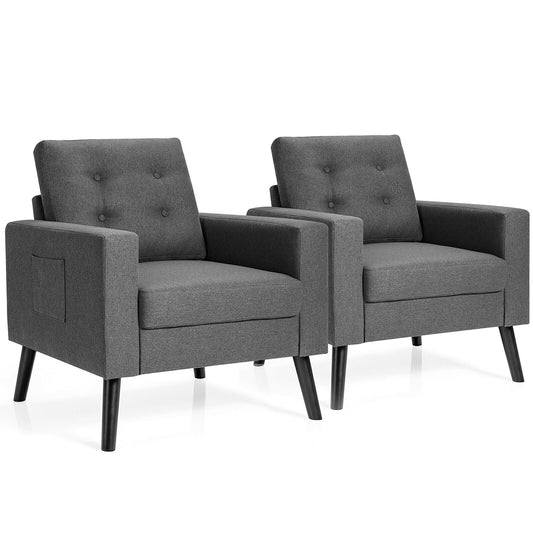 Gymax Set of 2 Upholstered Accent Chair Single Sofa Armchair w/ Wooden Legs Grey