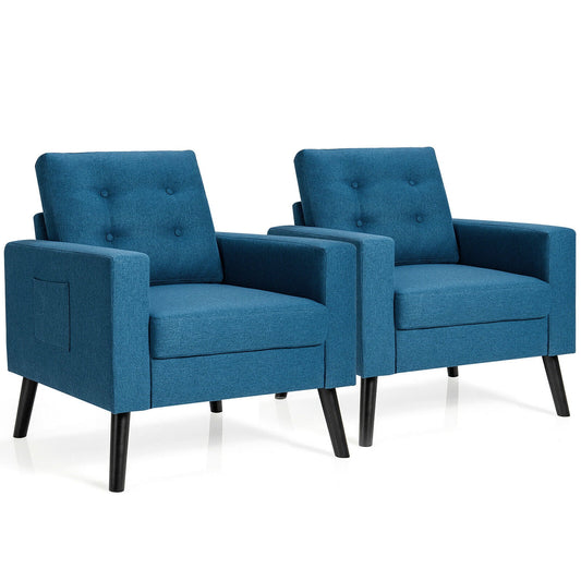 Gymax Set of 2 Upholstered Accent Chair Single Sofa Armchair w/ Wooden Legs Navy