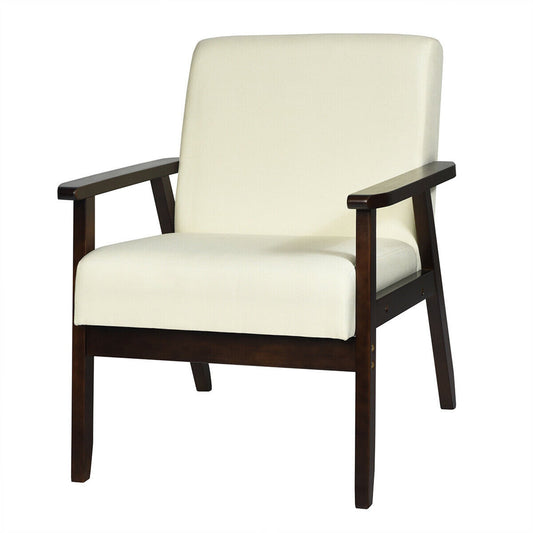 Gymax Wooden Upholstered Accent Chair Fabric Armchair Home Office Beige
