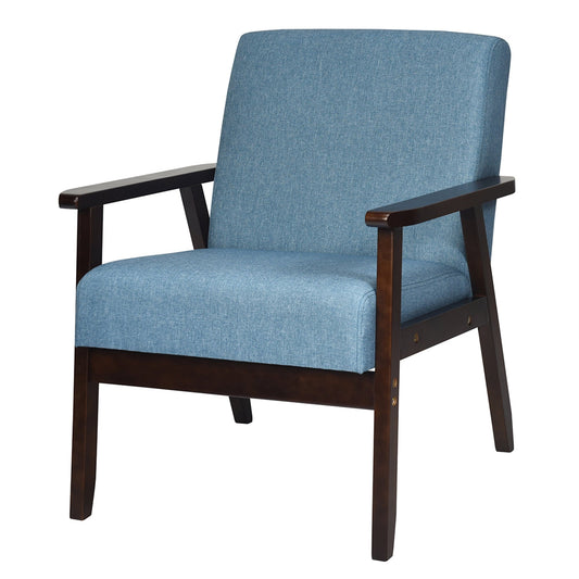 Gymax Wooden Upholstered Accent Chair Fabric Armchair Home Office Blue