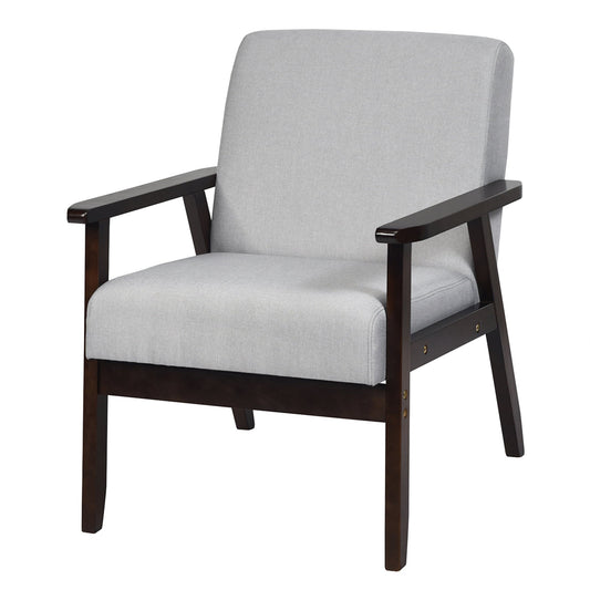 Gymax Wooden Upholstered Accent Chair Fabric Armchair Home Office Light Gray