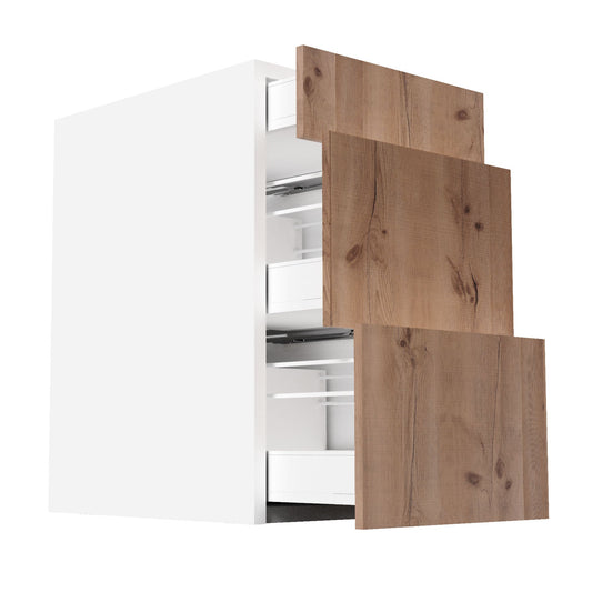 RTA - Rustic Oak - Three Drawer Base Cabinets | 18"W x 34.5"H x 24"D