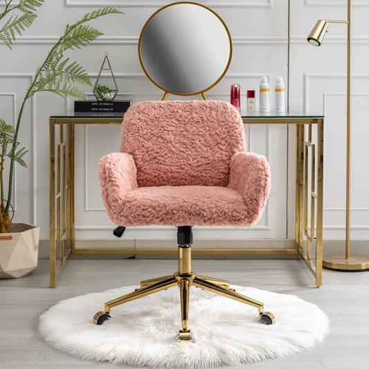 Sesslife Pink Office Chair, Rolling Fluffy Makeup Chair, Comfy Chair with Golden Metal Base, Decorative Swivel Chair for Makeup Room Office