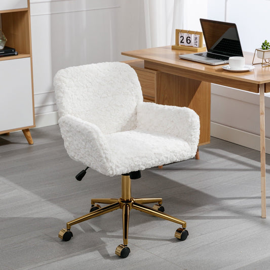 Sesslife White Office Chair, Rolling Fluffy Makeup Chair, Comfy Chair with Golden Metal Base, Decorative Swivel Chair for Makeup Room Office