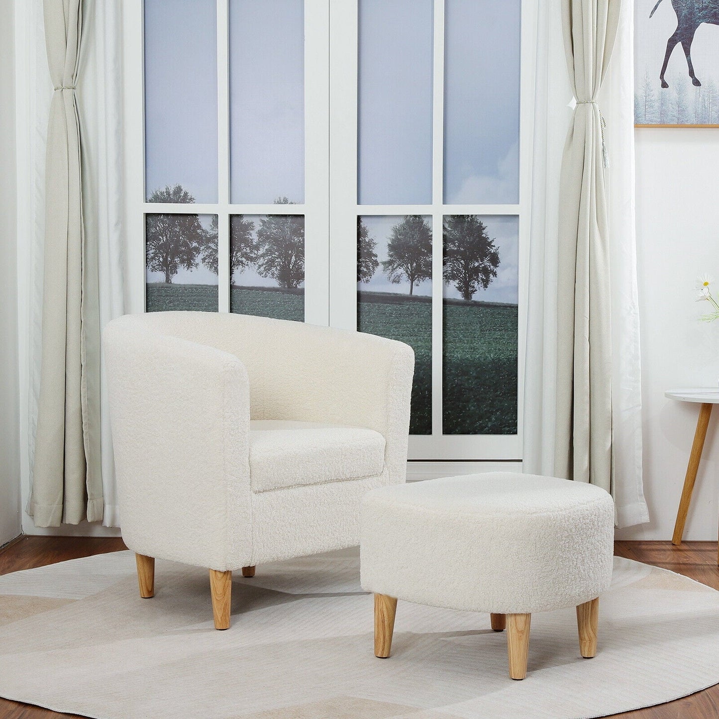 Dazone Accent Arm Club Chair with Ottoman Set, Comfy Teddy Sherpa Upholstered Single Sofa Armchair with Ottoman, Modern Leisure Guest Chair Footstool Rest Seat, White