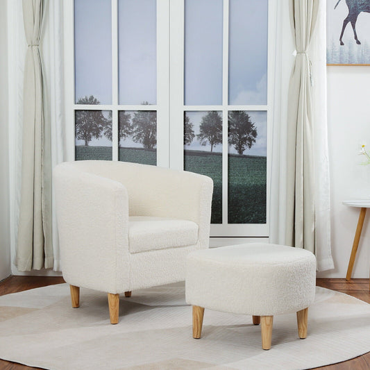 Dazone Accent Arm Club Chair with Ottoman Set, Comfy Teddy Sherpa Upholstered Single Sofa Armchair with Ottoman, Modern Leisure Guest Chair Footstool Rest Seat, White